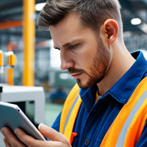 Home 15 **
"A maintenance technician analyzing data on a tablet in front of a complex industrial machine. Close-up shot, focus on the technician's face showing concentration. Background: blurred factory environment with various pieces of equipment. Include IoT sensors visible on the machine. Style: modern, high-tech, slightly futuristic."
**