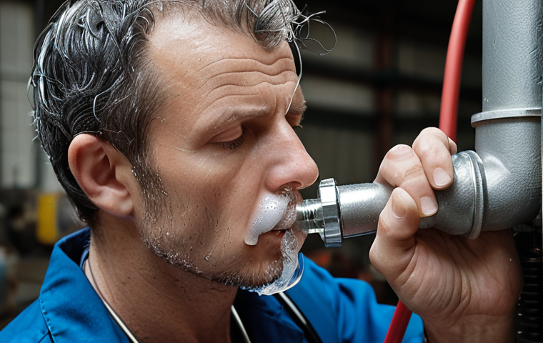 Detecting Leaks**
"A mechanic with a stethoscope, carefully listening to a large air compressor. Bubbles forming on a pipe joint from a soapy water solution. Close-up shot, emphasizing the detail of the bubbles and the mechanic's focused expression. Industrial setting, slightly blurred background."
**