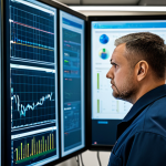 A professional maintenance engineer, fully clothed in a modest, professional work uniform, standing intently in a modern industrial control room. He is looking at a large SCADA system display, surrounded by digital screens showing complex data and IoT sensor readings. His expression is one of deep concentration and focus, conveying the intensity of real-time monitoring and the demands of the profession. The scene emphasizes advanced technology and the constant pressure of data analysis. Perfect anatomy, correct proportions, natural pose, well-formed hands, proper finger count, natural body proportions. High-resolution, professional photography, appropriate content, safe for work, family-friendly.