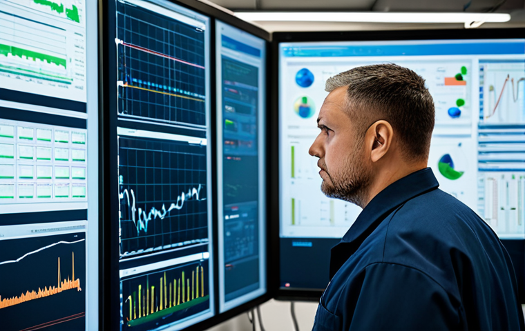 A professional maintenance engineer, fully clothed in a modest, professional work uniform, standing intently in a modern industrial control room. He is looking at a large SCADA system display, surrounded by digital screens showing complex data and IoT sensor readings. His expression is one of deep concentration and focus, conveying the intensity of real-time monitoring and the demands of the profession. The scene emphasizes advanced technology and the constant pressure of data analysis. Perfect anatomy, correct proportions, natural pose, well-formed hands, proper finger count, natural body proportions. High-resolution, professional photography, appropriate content, safe for work, family-friendly.