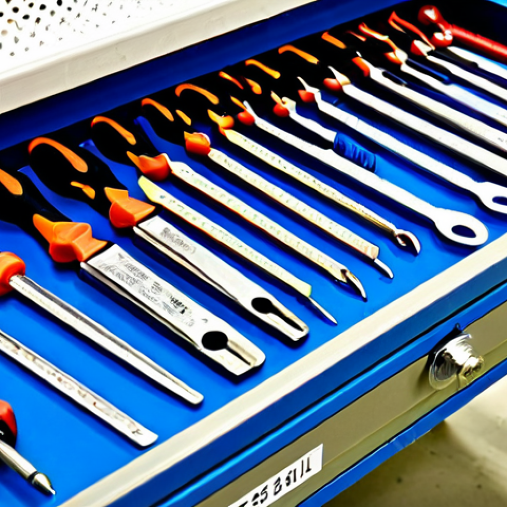 설비 보수에 필요한 공구 및 장비 정리 - **Prompt:** A meticulously organized and brightly lit maintenance workshop, emphasizing intelligent ...