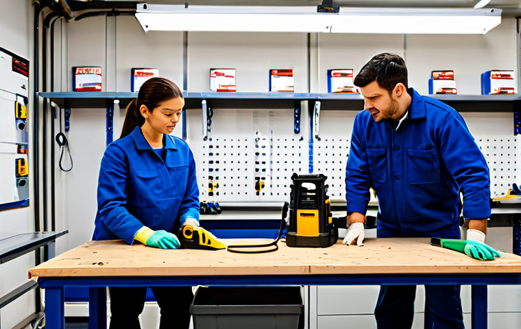 설비 보수에 필요한 공구 및 장비 정리 - **Prompt:** A meticulously organized and brightly lit maintenance workshop, emphasizing intelligent ...