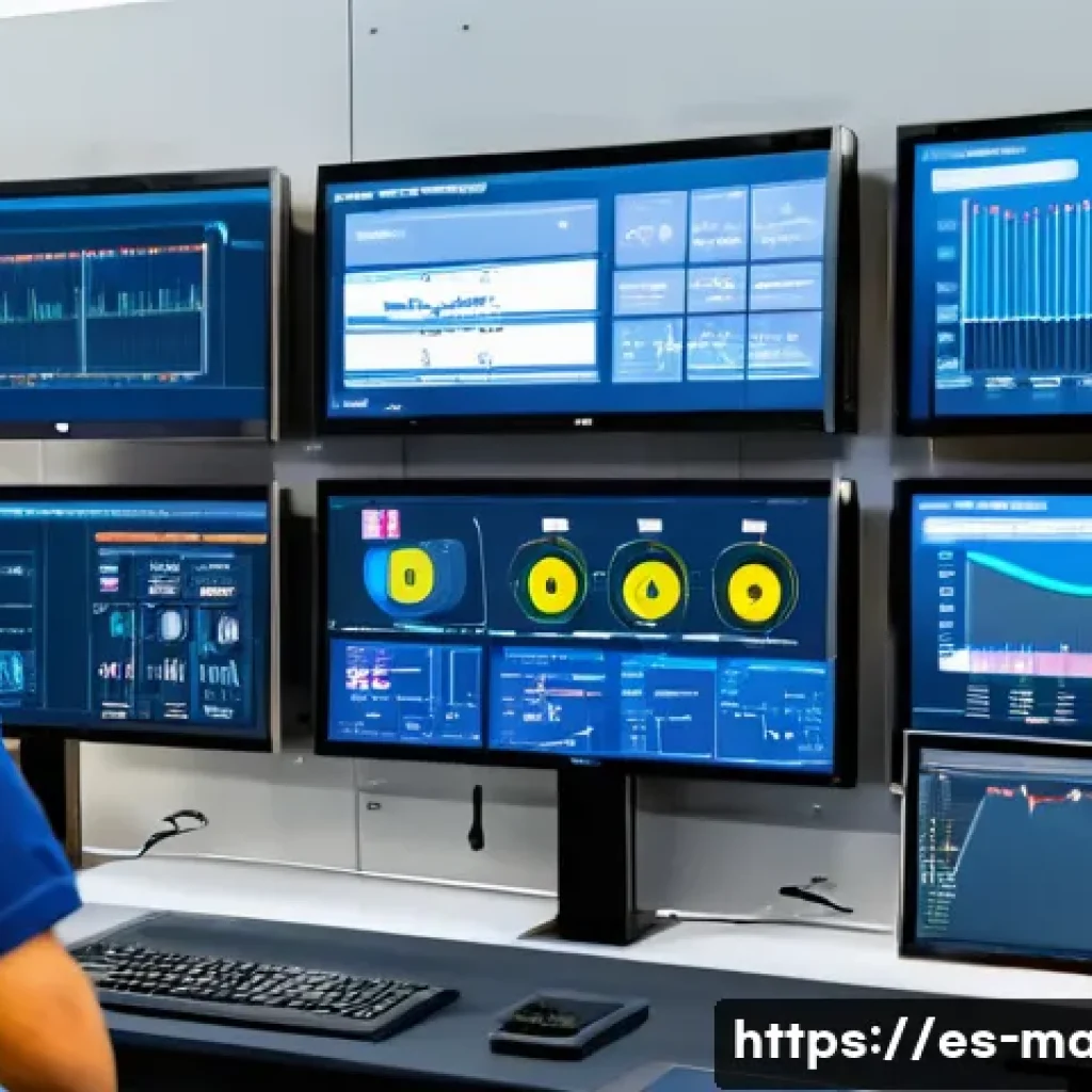 생산설비 고장 진단 사례 - A modern industrial plant control room with multiple engineers monitoring real-time vibration sensor...