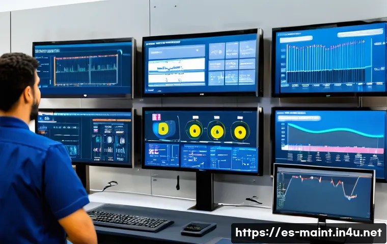 생산설비 고장 진단 사례 - A modern industrial plant control room with multiple engineers monitoring real-time vibration sensor...
