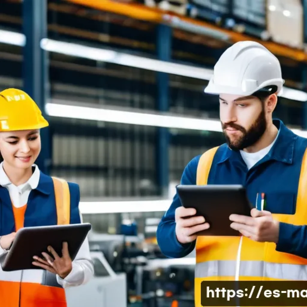 효율적인 설비 유지보수 팀 운영 팁 - A modern maintenance team in a well-lit industrial facility, using tablets and computers displaying ...