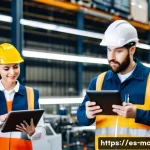 효율적인 설비 유지보수 팀 운영 팁 - A modern maintenance team in a well-lit industrial facility, using tablets and computers displaying ...