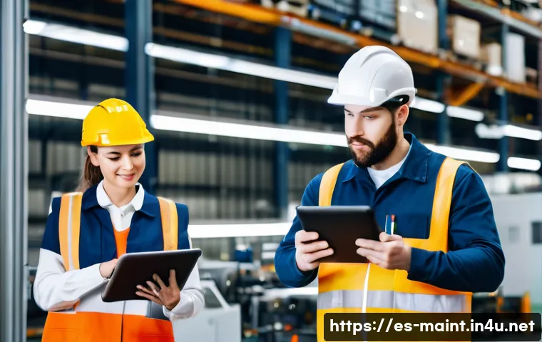 효율적인 설비 유지보수 팀 운영 팁 - A modern maintenance team in a well-lit industrial facility, using tablets and computers displaying ...