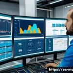 설비 고장 예방을 위한 데이터 수집 기법 - A high-tech industrial control room in a modern manufacturing plant located in Spain, featuring engi...