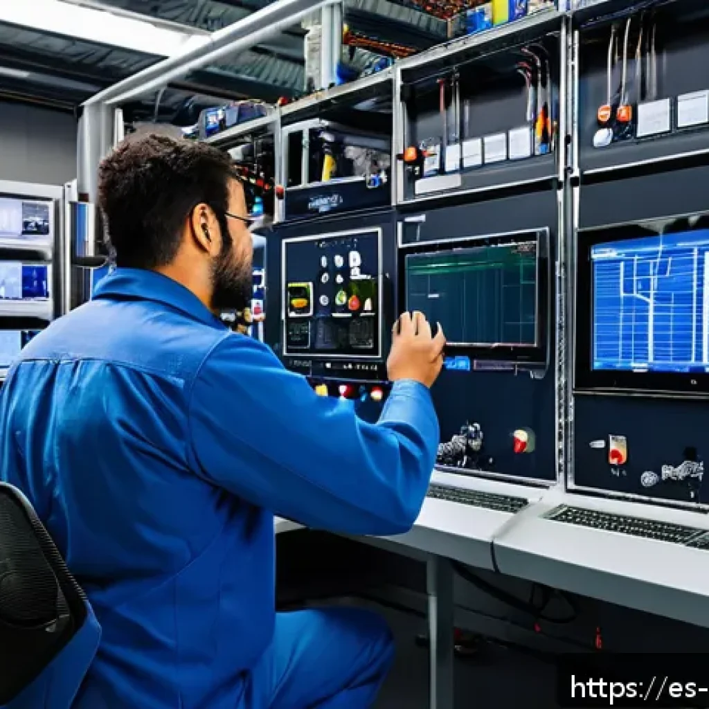 PLC 기초와 유지보수 실무 적용 - A detailed industrial automation control room featuring a modern modular PLC system with multiple in...
