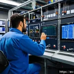 PLC 기초와 유지보수 실무 적용 - A detailed industrial automation control room featuring a modern modular PLC system with multiple in...