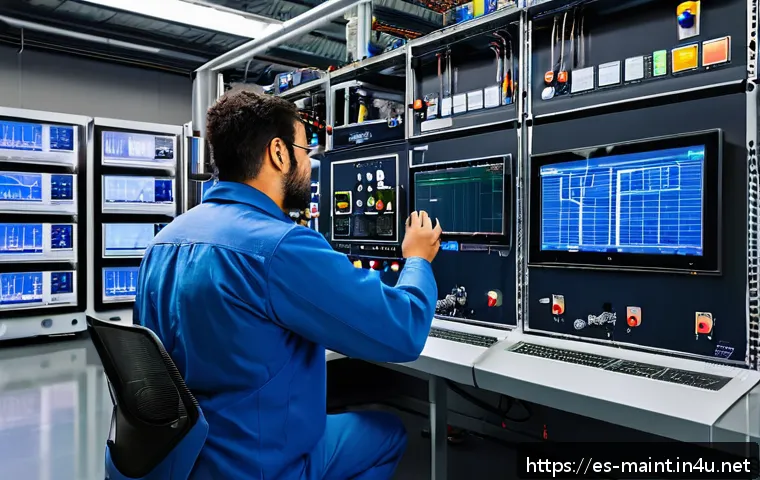 PLC 기초와 유지보수 실무 적용 - A detailed industrial automation control room featuring a modern modular PLC system with multiple in...