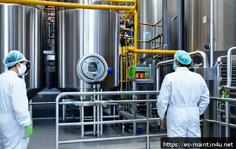다양한 산업군의 설비 유지보수 사례 분석 - A modern food manufacturing plant interior focused on a maintenance technician wearing clean sanitar...