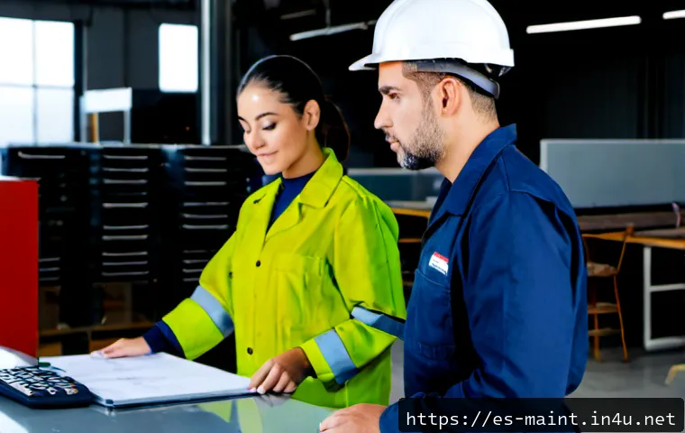 생산설비 유지보수 연봉 협상 전략 - Photorealistic Spanish industrial maintenance technician in clean navy coveralls, seated confidently...
